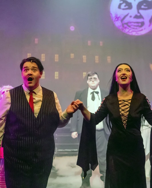 Morticia and Gomez Addams standing on a fog-covered stage, holding hands while other characters interact in the background Morticia and Gomez Addams standing on a fog-covered stage, holding hands while other characters interact in the background